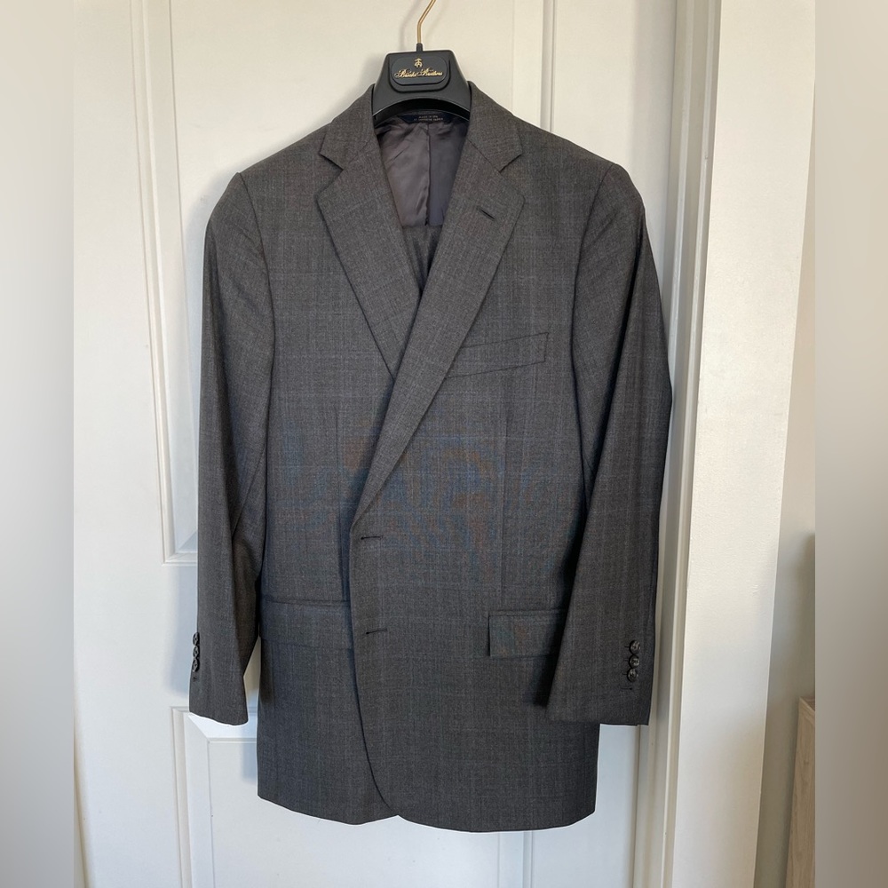 Brooks Brothers suit, charcoal grey windowpane with dark blue highlights.